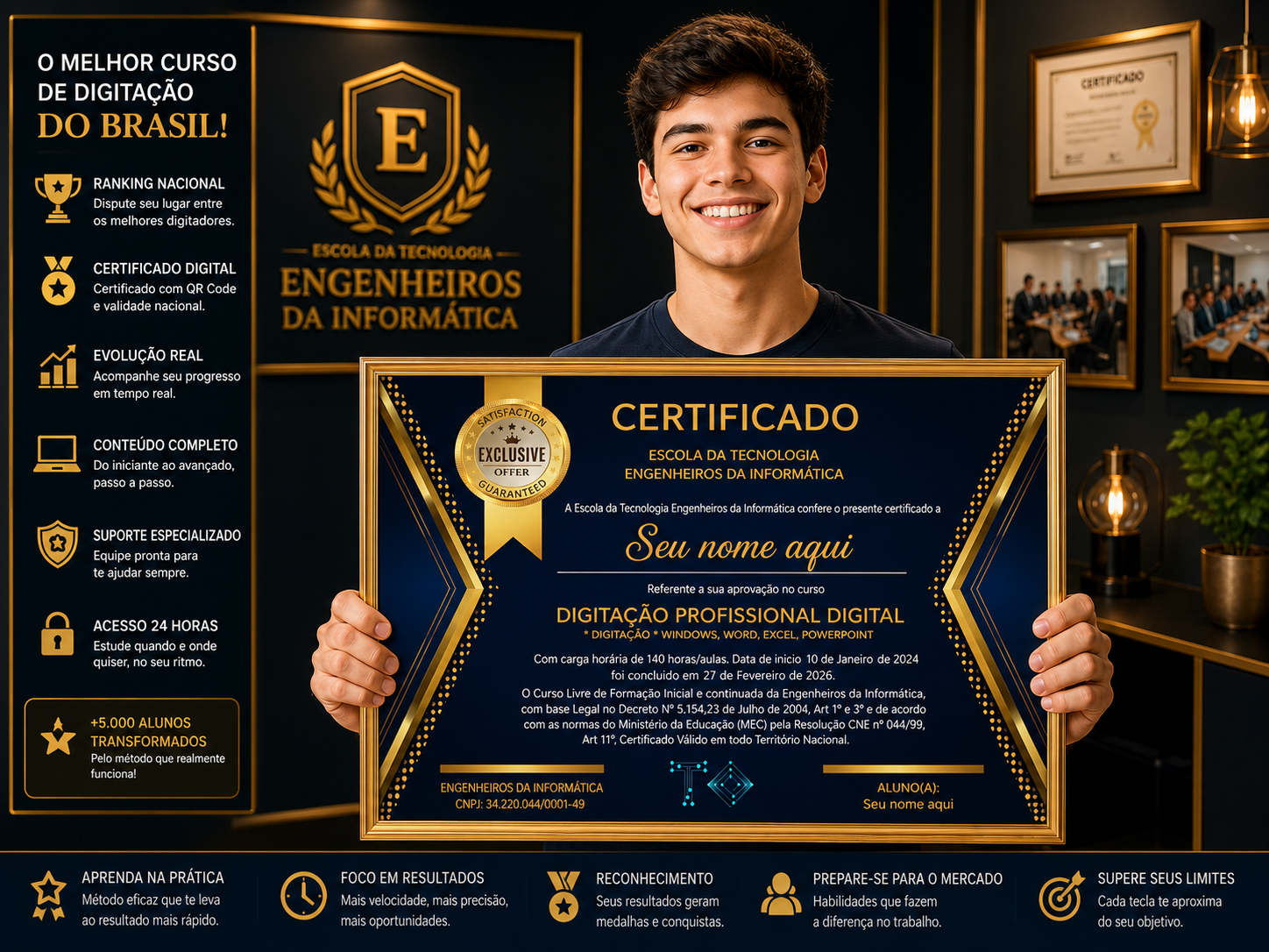 Aluno segurando o certificado de luxo do curso de digitação profissional