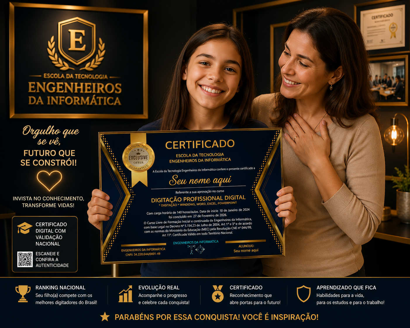 Aluna emocionada mostrando o certificado ao lado da mãe orgulhosa