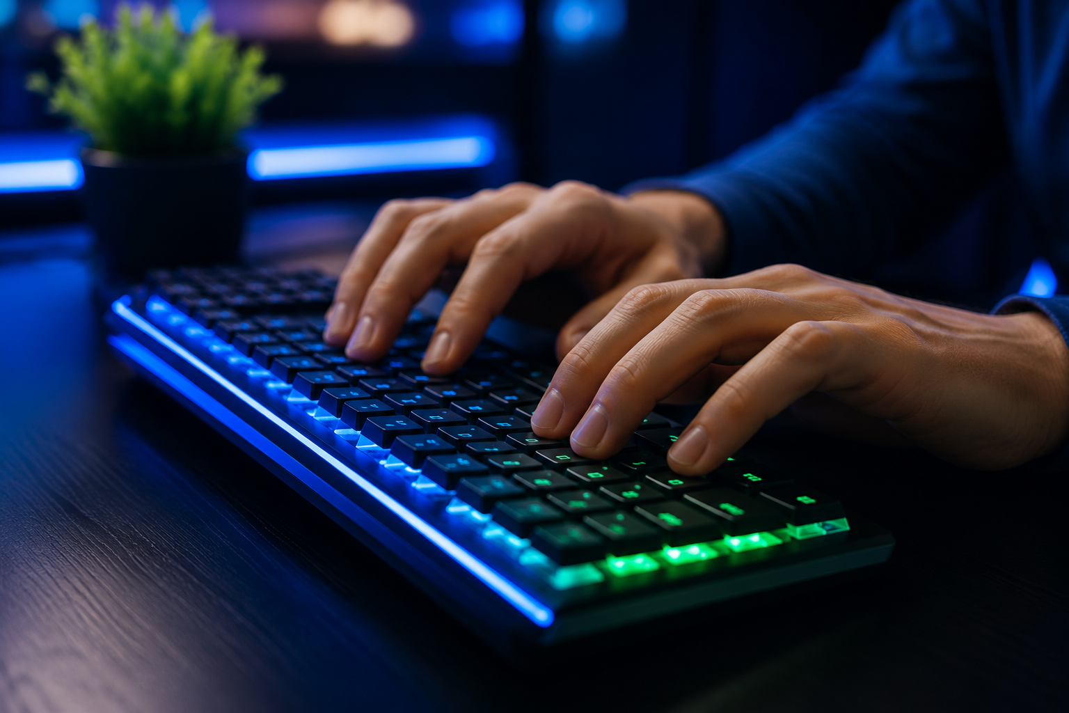 Mãos digitando em teclado iluminado com técnica profissional