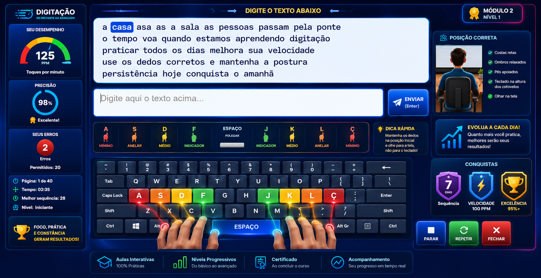 Plataforma de treino mostrando velocidade, precisão e posição correta dos dedos
