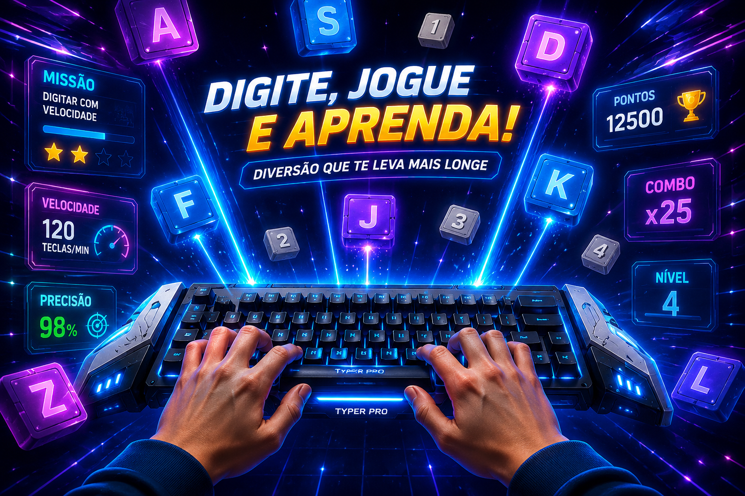 Jogo de digitação com pontos, combos, níveis e missões