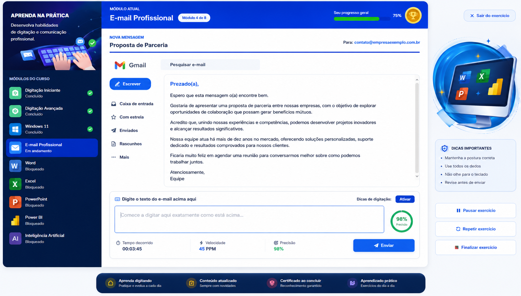 Exercício de e-mail profissional com proposta de parceria no estilo Gmail
