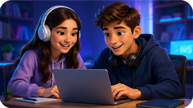 Jovem estudando e praticando digitação em notebook