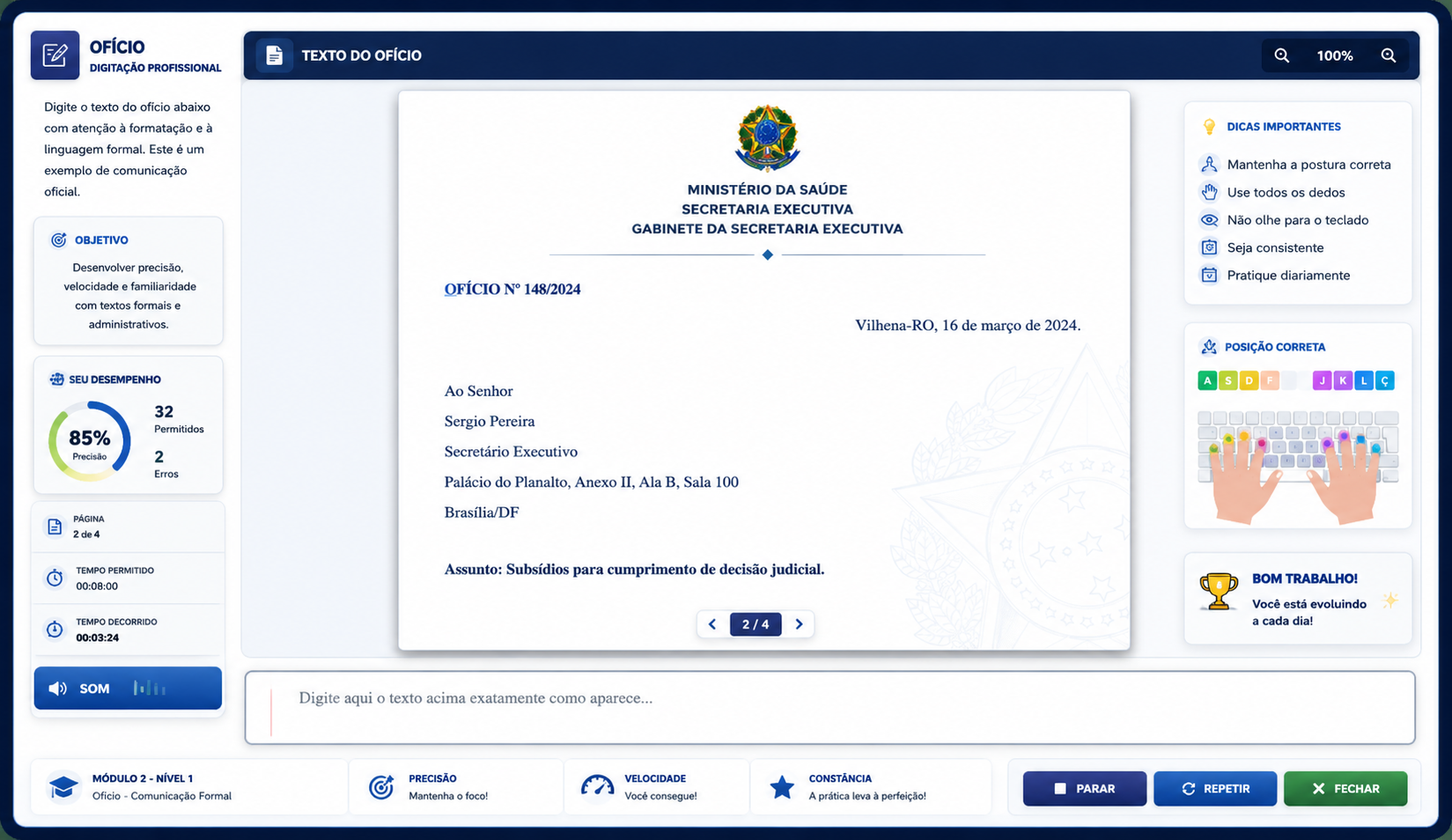 Exercício de digitação de ofício oficial com formatação e linguagem formal