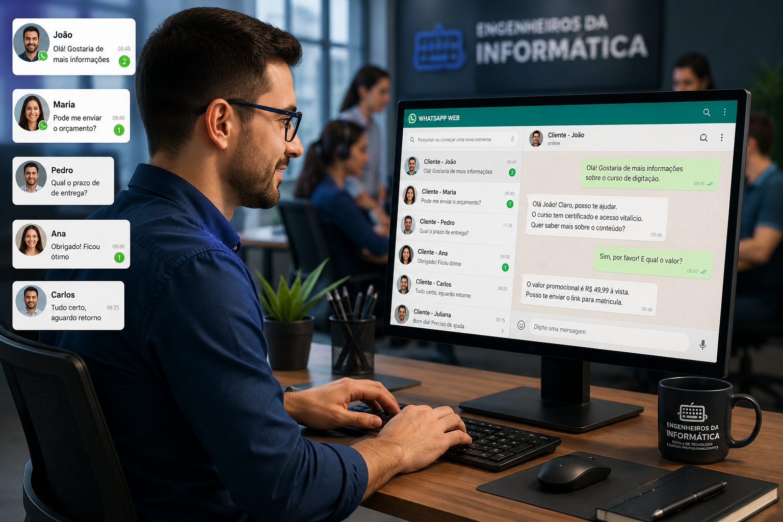 Profissional respondendo clientes pelo WhatsApp Web com agilidade