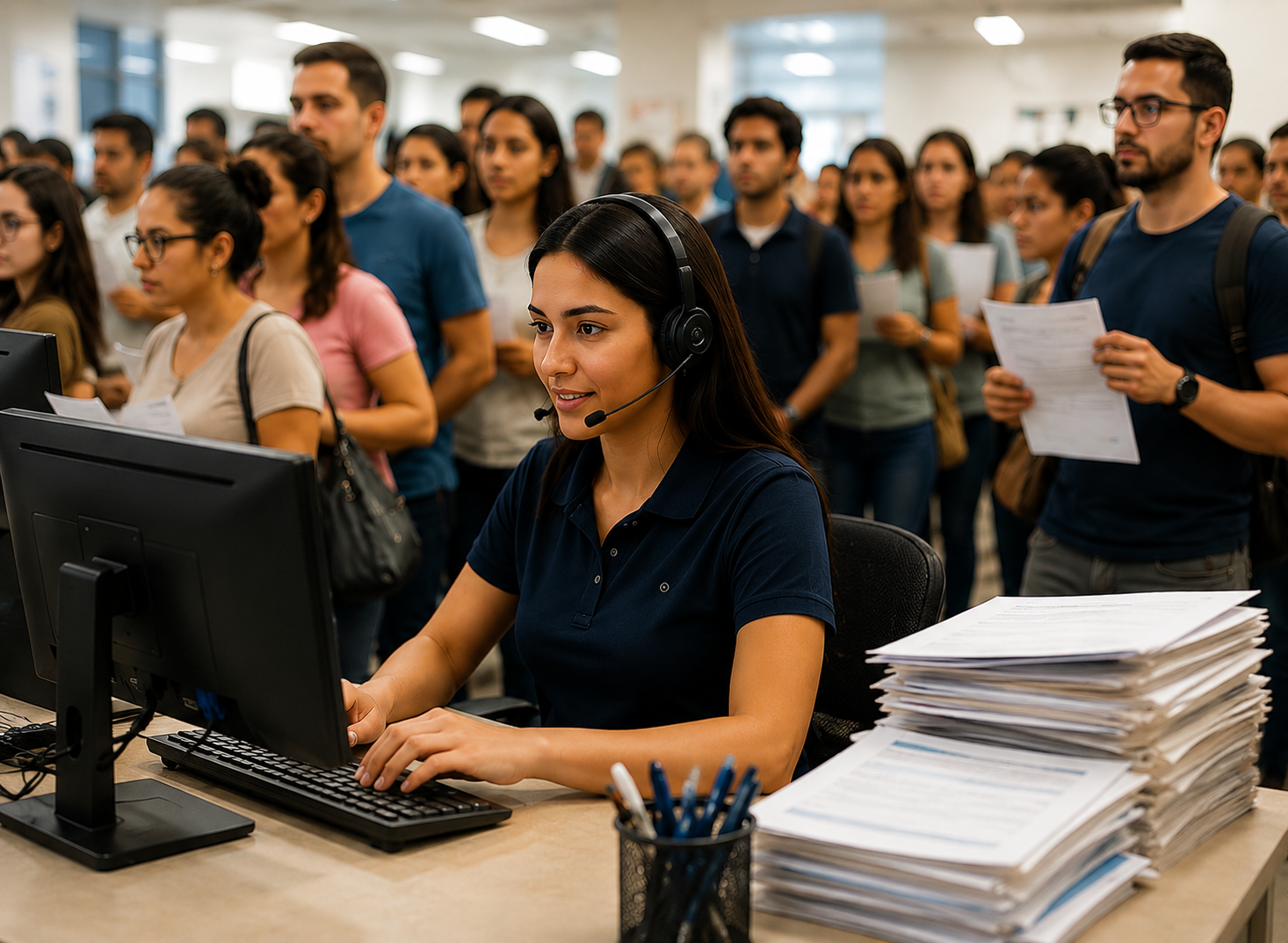 Atendente com headset cadastrando clientes no sistema