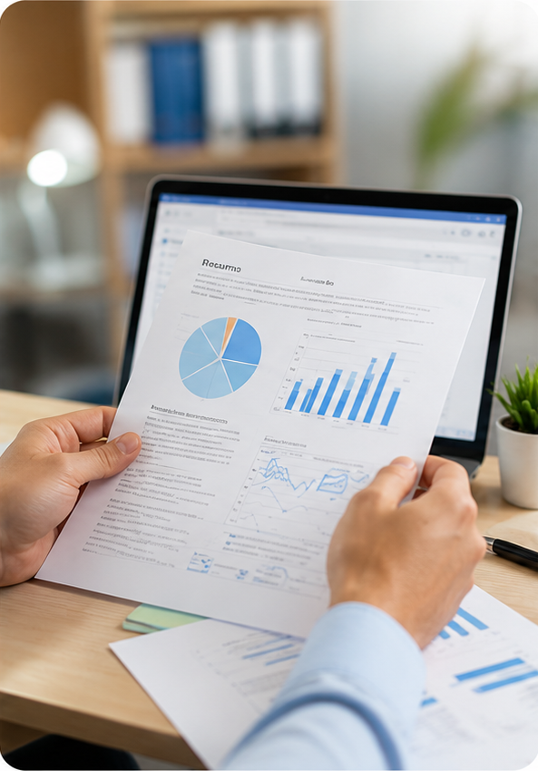 Profissional analisando relatório com gráficos e documentos oficiais